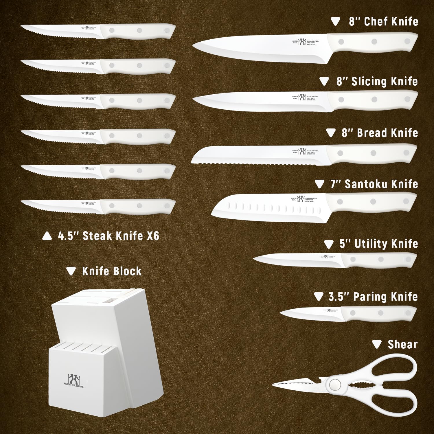 HUNTER.DUAL Knife Set, 15 Piece Kitchen Knife Set with Block Self